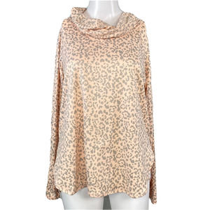 EVCR Evolution Creation Shirt Womens Sz M‎ Peach Gray Leopard Cowl Neck Pullover